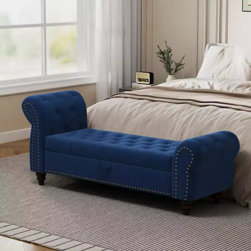 TUYOHW Banc de rangement rectangulaire, banc ottoman de bout de lit de 64,5 pouces avec design touffeté à clous, ottoman en lin pour salon, chambre, entrée