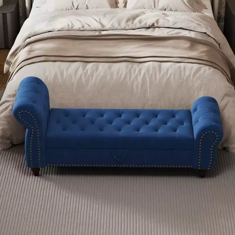 TUYOHW Banc de rangement rectangulaire, banc ottoman de bout de lit de 64,5 pouces avec design touffeté à clous, ottoman en lin pour salon, chambre, entrée