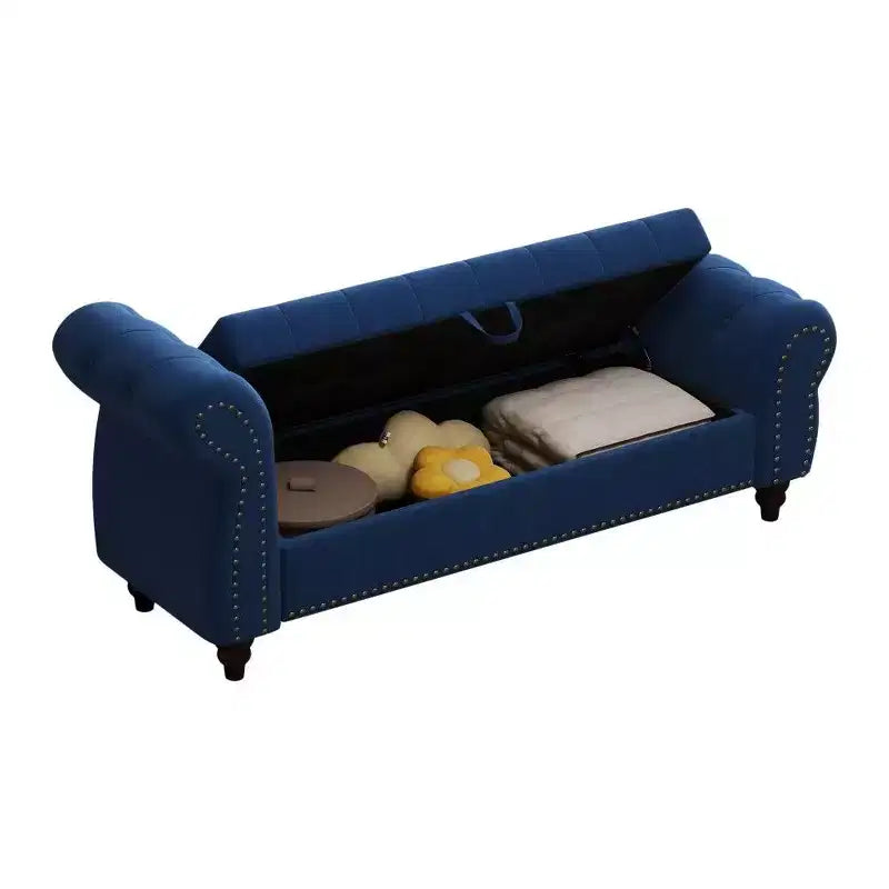TUYOHW Banc de rangement rectangulaire, banc ottoman de bout de lit de 64,5 pouces avec design touffeté à clous, ottoman en lin pour salon, chambre, entrée