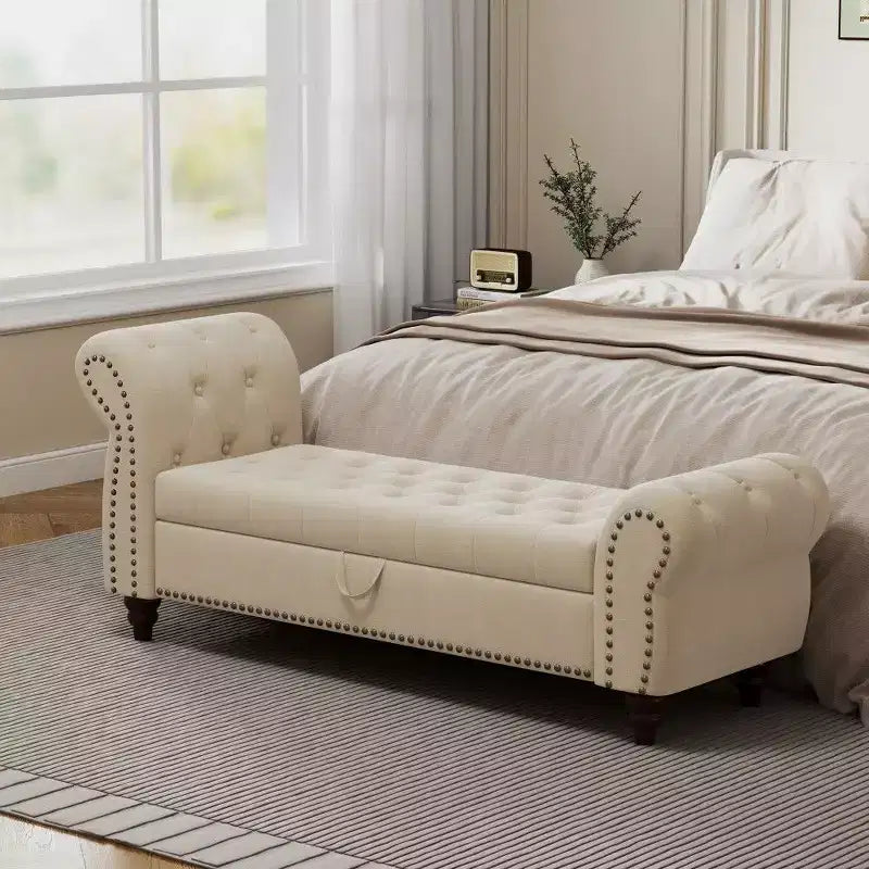 TUYOHW Banc de rangement rectangulaire, banc ottoman de bout de lit de 64,5 pouces avec design touffeté à clous, ottoman en lin pour salon, chambre, entrée