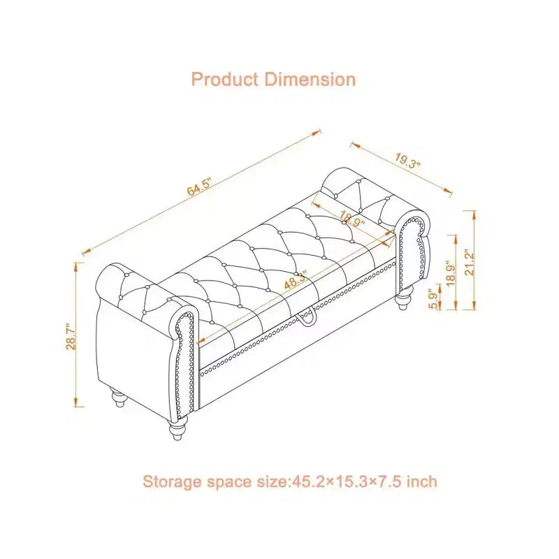 TUYOHW Banc de rangement rectangulaire, banc ottoman de bout de lit de 64,5 pouces avec design touffeté à clous, ottoman en lin pour salon, chambre, entrée
