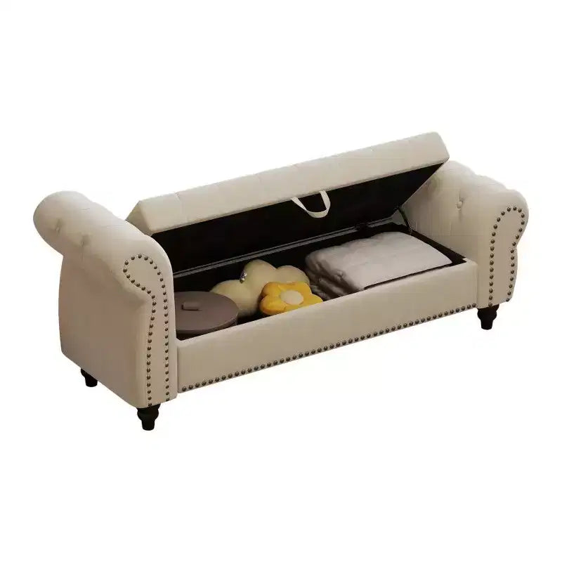 TUYOHW Banc de rangement rectangulaire, banc ottoman de bout de lit de 64,5 pouces avec design touffeté à clous, ottoman en lin pour salon, chambre, entrée