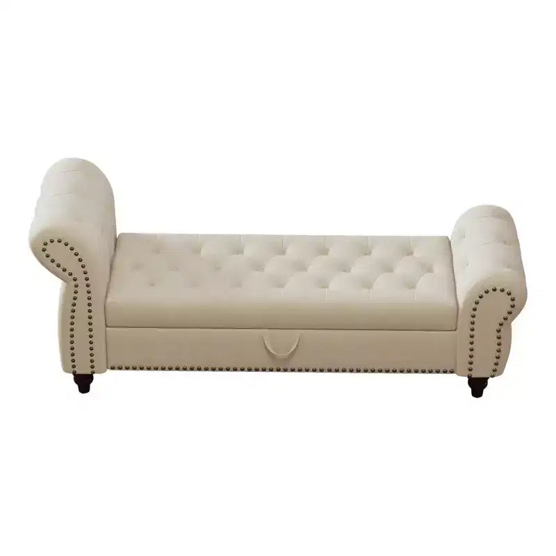 TUYOHW Banc de rangement rectangulaire, banc ottoman de bout de lit de 64,5 pouces avec design touffeté à clous, ottoman en lin pour salon, chambre, entrée