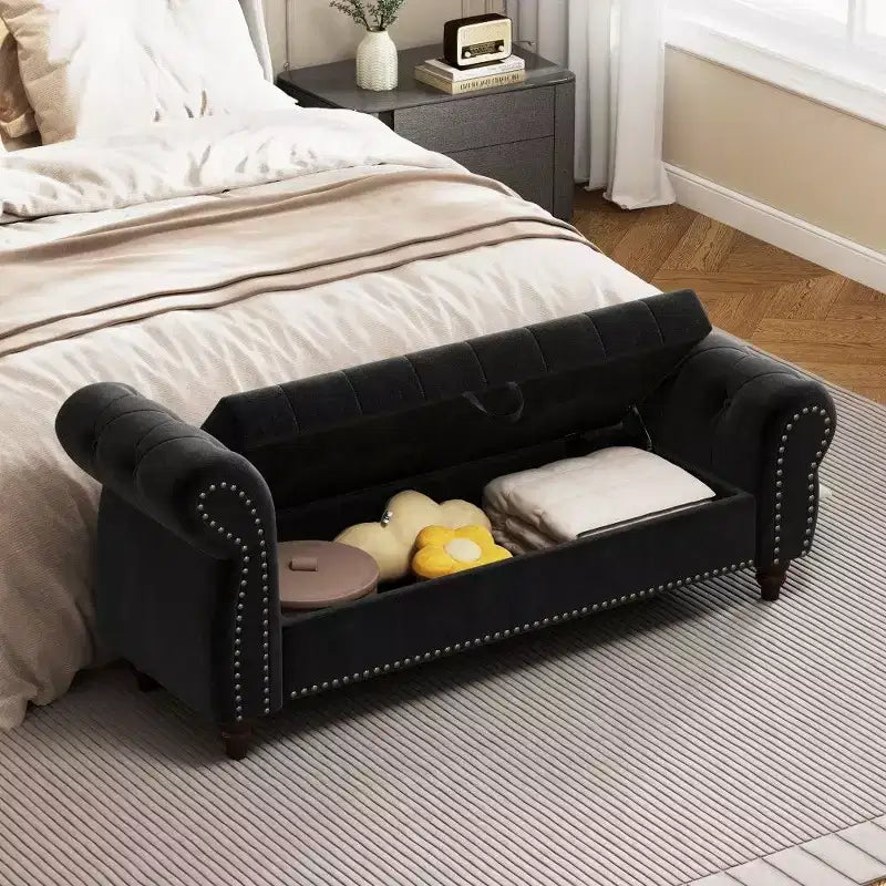 TUYOHW Banc de rangement rectangulaire, banc ottoman de bout de lit de 64,5 pouces avec design touffeté à clous, ottoman en lin pour salon, chambre, entrée