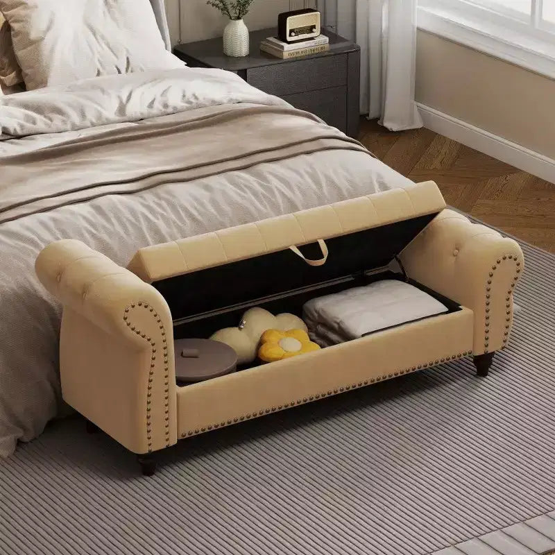 TUYOHW Banc de rangement rectangulaire, banc ottoman de bout de lit de 64,5 pouces avec design touffeté à clous, ottoman en lin pour salon, chambre, entrée