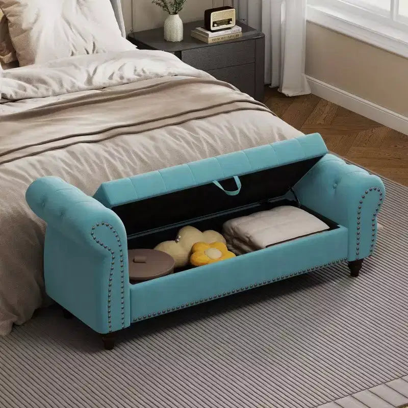 TUYOHW Banc de rangement rectangulaire, banc ottoman de bout de lit de 64,5 pouces avec design touffeté à clous, ottoman en lin pour salon, chambre, entrée