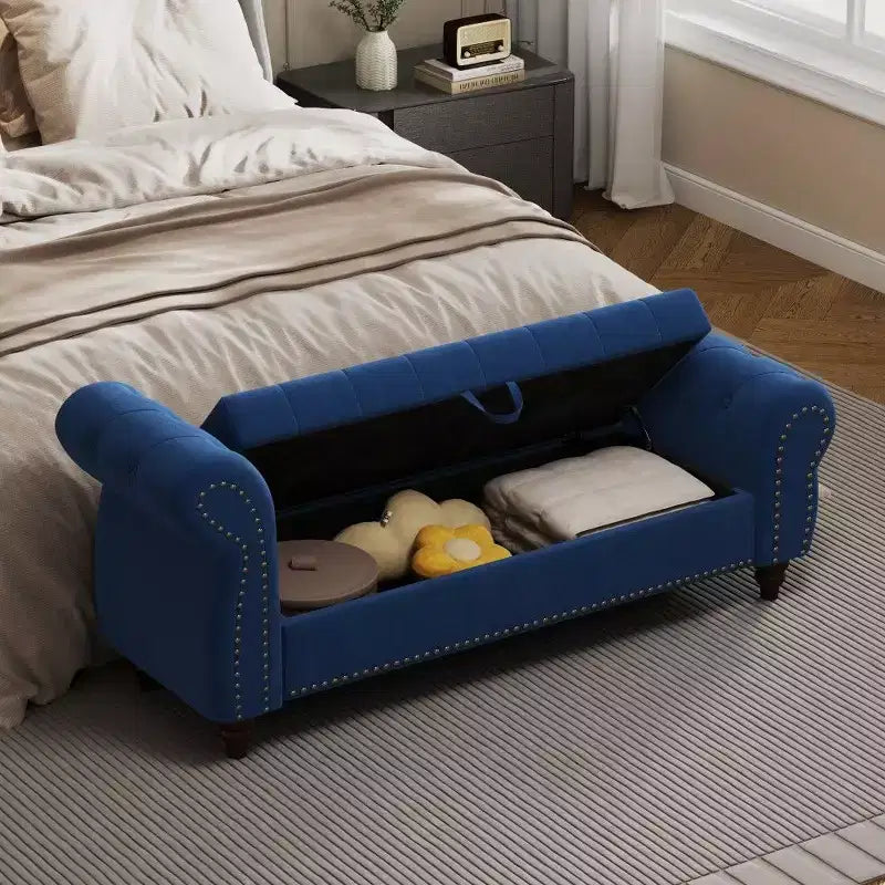 TUYOHW Banc de rangement rectangulaire, banc ottoman de bout de lit de 64,5 pouces avec design touffeté à clous, ottoman en lin pour salon, chambre, entrée