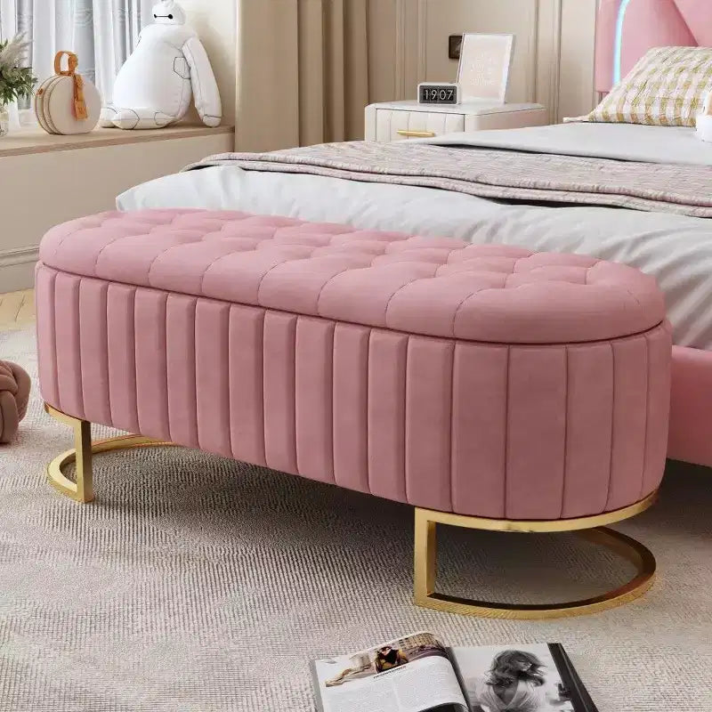 TUYOHW 59 Pouf de rangement en velours avec plateau capitonné, banc ottoman rembourré en bout de lit avec pieds en métal, pouf pour chambre à coucher, salon, entrée