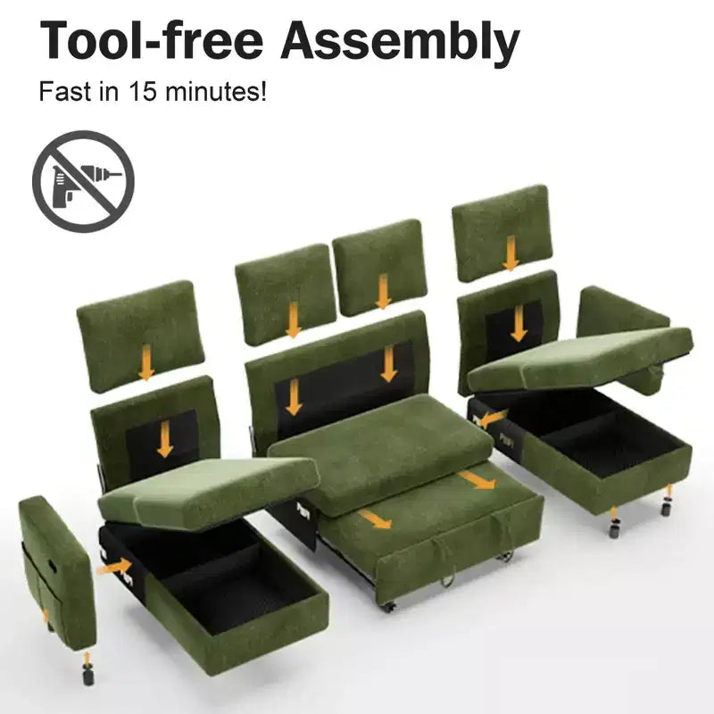 Canapé d'angle convertible Dyonery 105 avec lit gigogne, canapé-lit en U avec dossier inclinable/USB, assemblage sans outils, velours côtelé gris