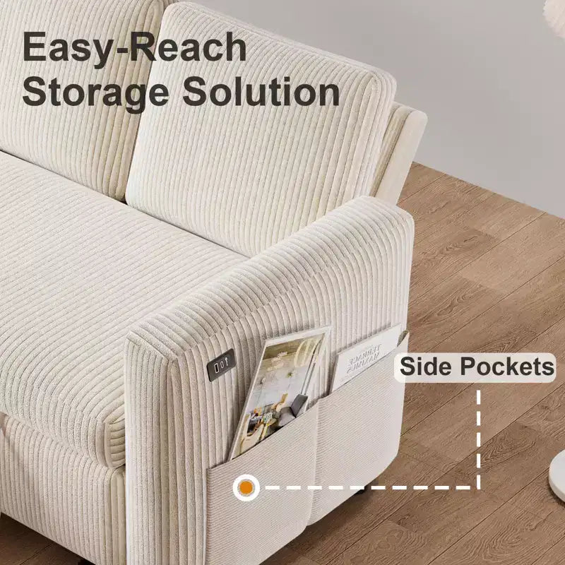 Canapé d'angle convertible Dyonery 105 avec lit gigogne, canapé-lit en U avec dossier inclinable/USB, assemblage sans outils, velours côtelé gris