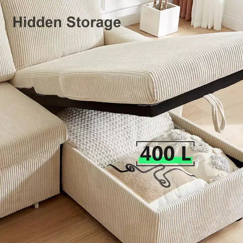 Canapé d'angle convertible Dyonery 105 avec lit gigogne, canapé-lit en U avec dossier inclinable/USB, assemblage sans outils, velours côtelé gris