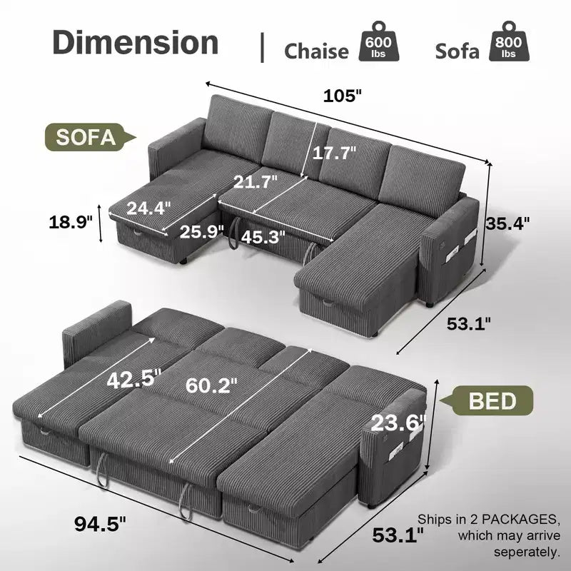Canapé d'angle convertible Dyonery 105 avec lit gigogne, canapé-lit en U avec dossier inclinable/USB, assemblage sans outils, velours côtelé gris