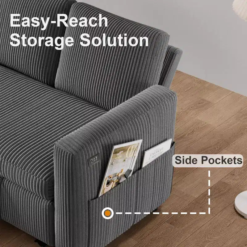 Canapé d'angle convertible Dyonery 105 avec lit gigogne, canapé-lit en U avec dossier inclinable/USB, assemblage sans outils, velours côtelé gris