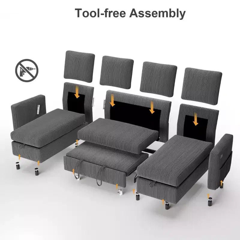 Canapé d'angle convertible Dyonery 105 avec lit gigogne, canapé-lit en U avec dossier inclinable/USB, assemblage sans outils, velours côtelé gris