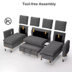 Canapé d'angle convertible Dyonery 105 avec lit gigogne, canapé-lit en U avec dossier inclinable/USB, assemblage sans outils, velours côtelé gris
