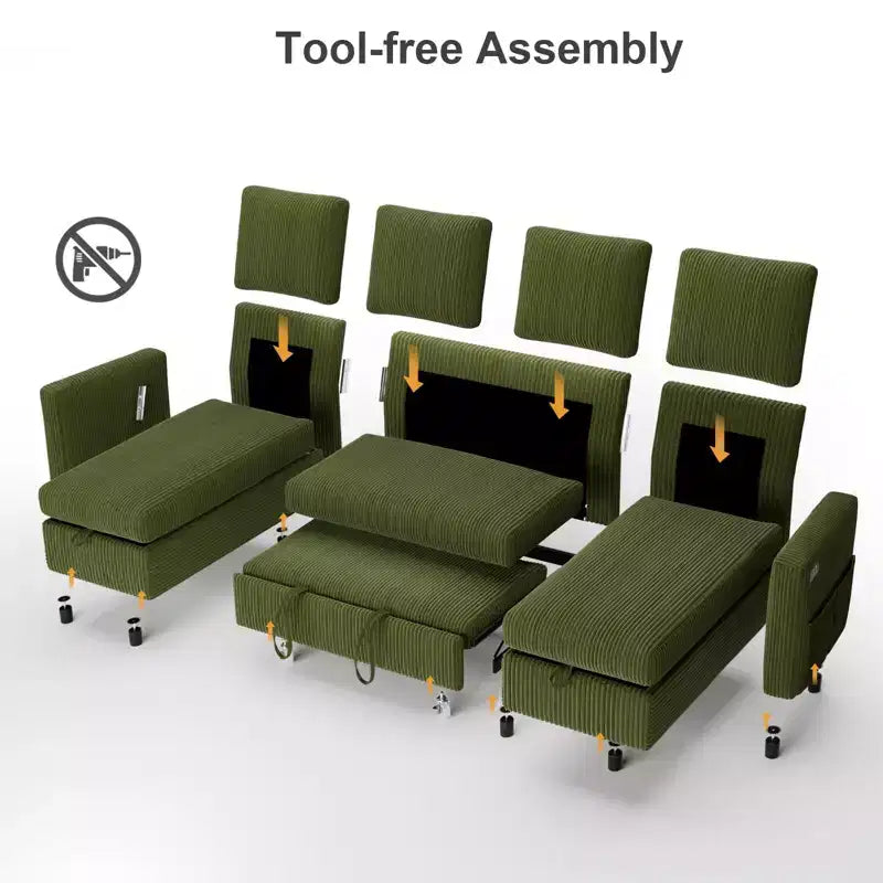 Canapé d'angle convertible Dyonery 105 avec lit gigogne, canapé-lit en U avec dossier inclinable/USB, assemblage sans outils, velours côtelé gris
