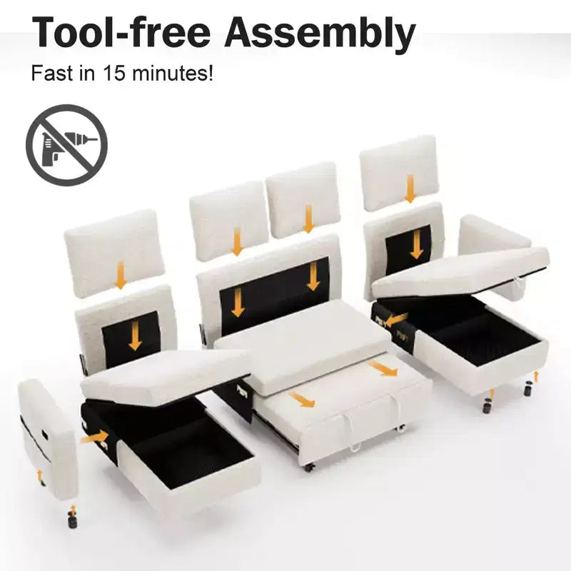 Canapé d'angle convertible Dyonery 105 avec lit gigogne, canapé-lit en U avec dossier inclinable/USB, assemblage sans outils, velours côtelé gris