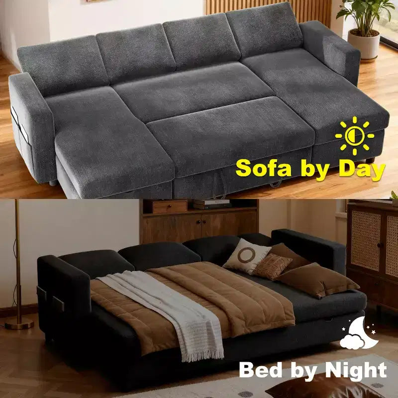 Canapé d'angle convertible Dyonery 105 avec lit gigogne, canapé-lit en U avec dossier inclinable/USB, assemblage sans outils, velours côtelé gris