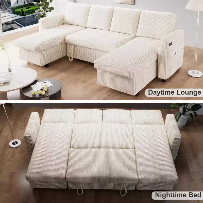 Canapé d'angle convertible Dyonery 105 avec lit gigogne, canapé-lit en U avec dossier inclinable/USB, assemblage sans outils, velours côtelé gris