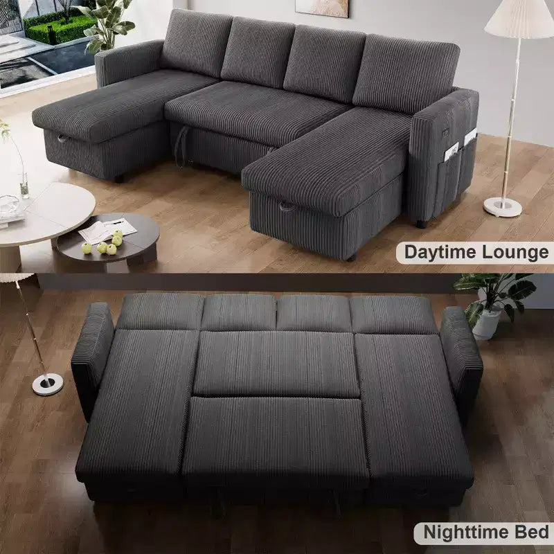 Canapé d'angle convertible Dyonery 105 avec lit gigogne, canapé-lit en U avec dossier inclinable/USB, assemblage sans outils, velours côtelé gris