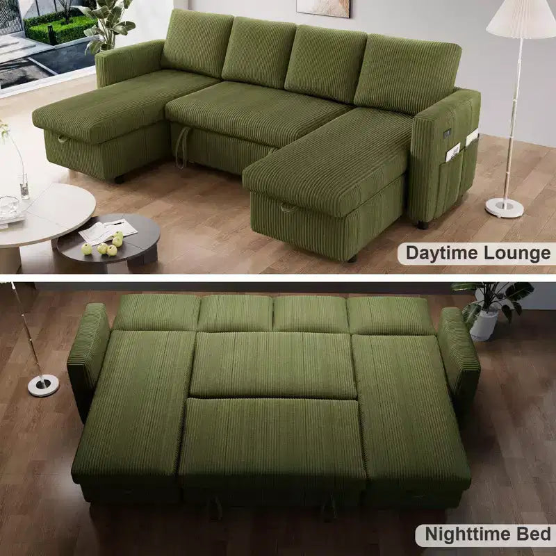 Canapé d'angle convertible Dyonery 105 avec lit gigogne, canapé-lit en U avec dossier inclinable/USB, assemblage sans outils, velours côtelé gris