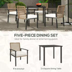 Ensemble repas d'extérieur 5 pièces pour 4 personnes, salon de jardin en rotin tressé, table et chaises de patio avec coussins, table carrée en métal