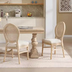 Set of 2 French Rustic Upholstered Dining Chairs with Round Rattan Back, Farmhouse Solid Wood Armless Kitchen Chairs for Dining Room-Panipeachy