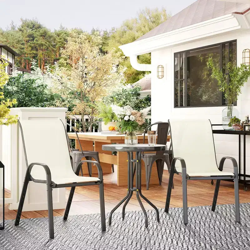 Ensemble de bistro 3 pièces, petit salon de jardin avec chaises empilables et table en verre pour jardin, balcon