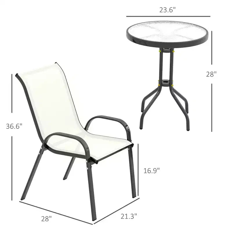 Ensemble de bistro 3 pièces, petit salon de jardin avec chaises empilables et table en verre pour jardin, balcon