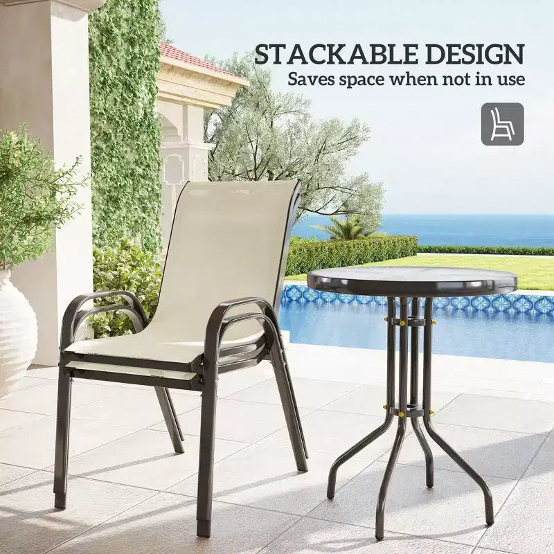 Ensemble de bistro 3 pièces, petit salon de jardin avec chaises empilables et table en verre pour jardin, balcon