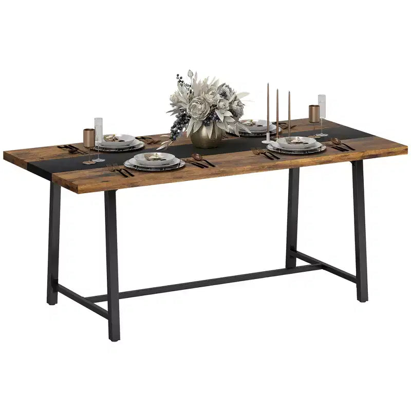 Table de cuisine industrielle pour 8 personnes, table de salle à manger de 180 cm de long avec grand plateau et pieds en acier pour salle à manger