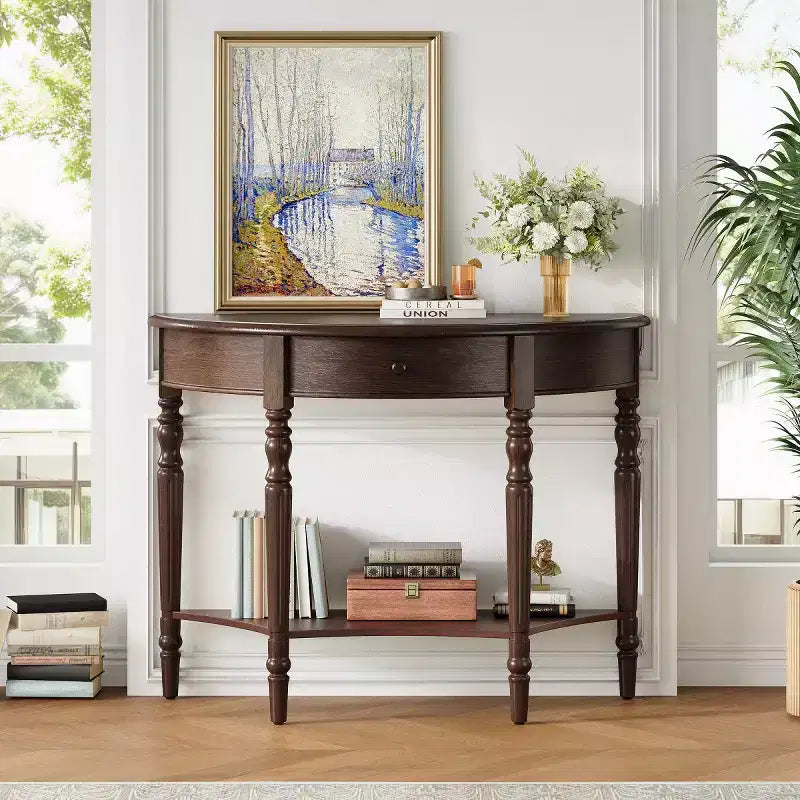 Console demi-lune de style campagnard français, table d'entrée rustique avec tiroir et étagère de rangement - Panipeachy