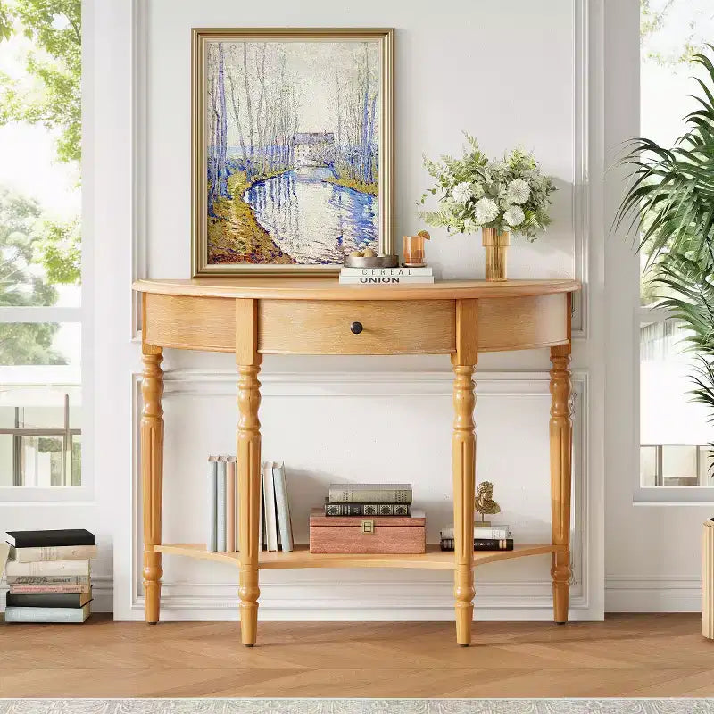 Console demi-lune de style campagnard français, table d'entrée rustique avec tiroir et étagère de rangement - Panipeachy