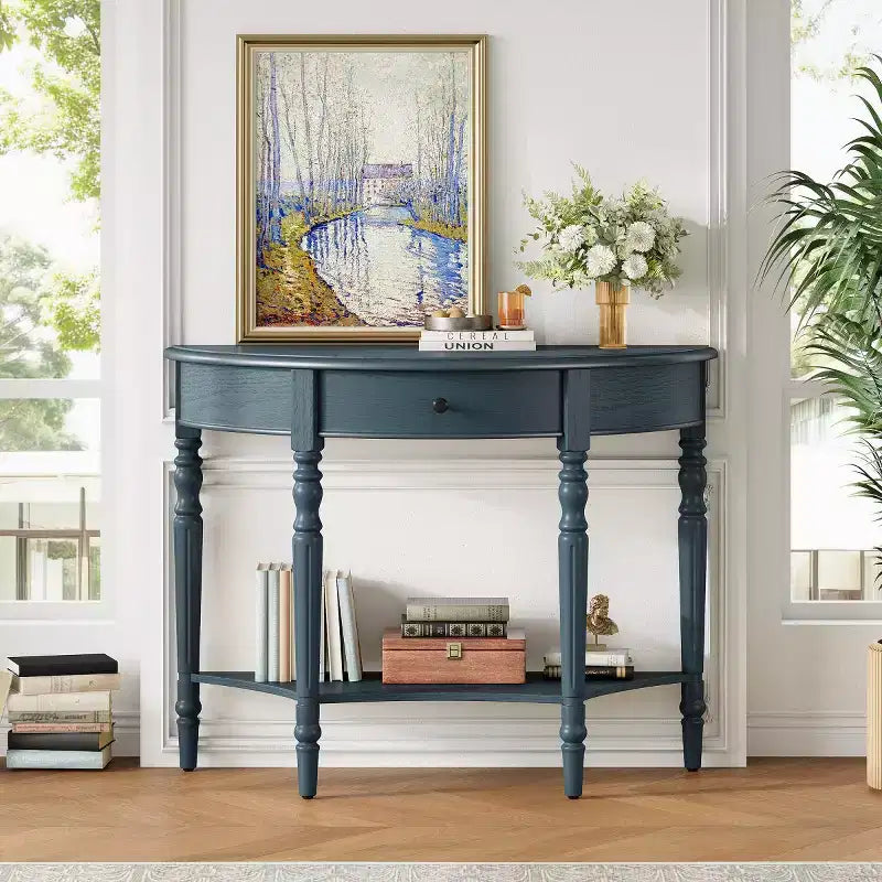 Console demi-lune de style campagnard français, table d'entrée rustique avec tiroir et étagère de rangement - Panipeachy