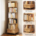 JVNOXK Bibliothèque tournante à 6 niveaux, étagère rotative ronde à 360° avec roulettes et tiroir, peu encombrante, bois pour petits espaces