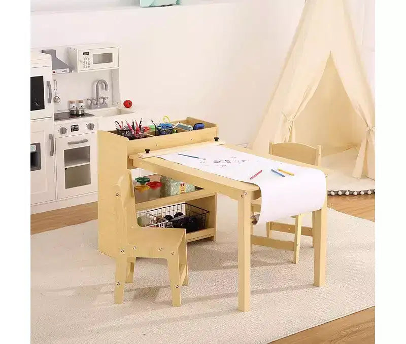 Ensemble bureau et chaise pour enfants, bureau d'art en bois avec rouleau de papier, pots de peinture et étagères de rangement, table d'activités créatives 2 en 1 pour dessiner, peindre et écrire