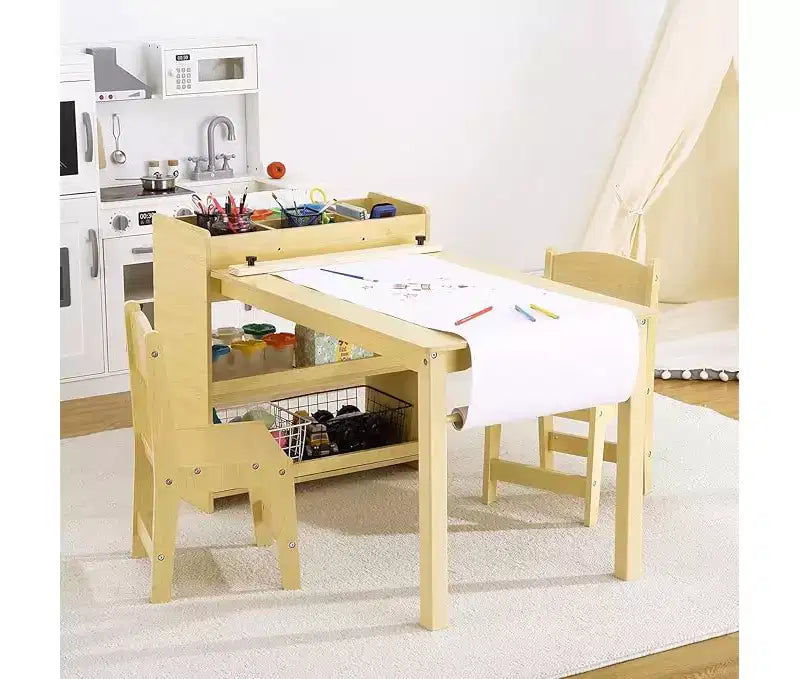 Ensemble bureau et chaise pour enfants, bureau d'art en bois avec rouleau de papier, pots de peinture et étagères de rangement, table d'activités créatives 2 en 1 pour dessiner, peindre et écrire