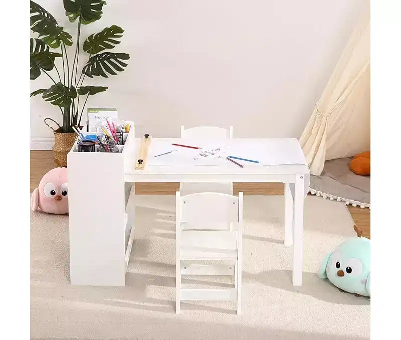 Ensemble bureau et chaise pour enfants, bureau d'art en bois avec rouleau de papier, pots de peinture et étagères de rangement, table d'activités créatives 2 en 1 pour dessiner, peindre et écrire