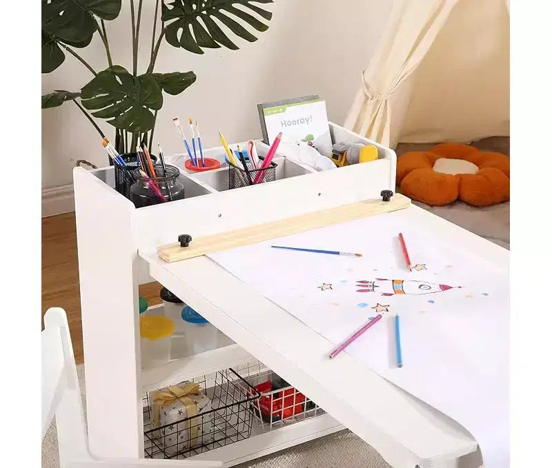 Ensemble bureau et chaise pour enfants, bureau d'art en bois avec rouleau de papier, pots de peinture et étagères de rangement, table d'activités créatives 2 en 1 pour dessiner, peindre et écrire
