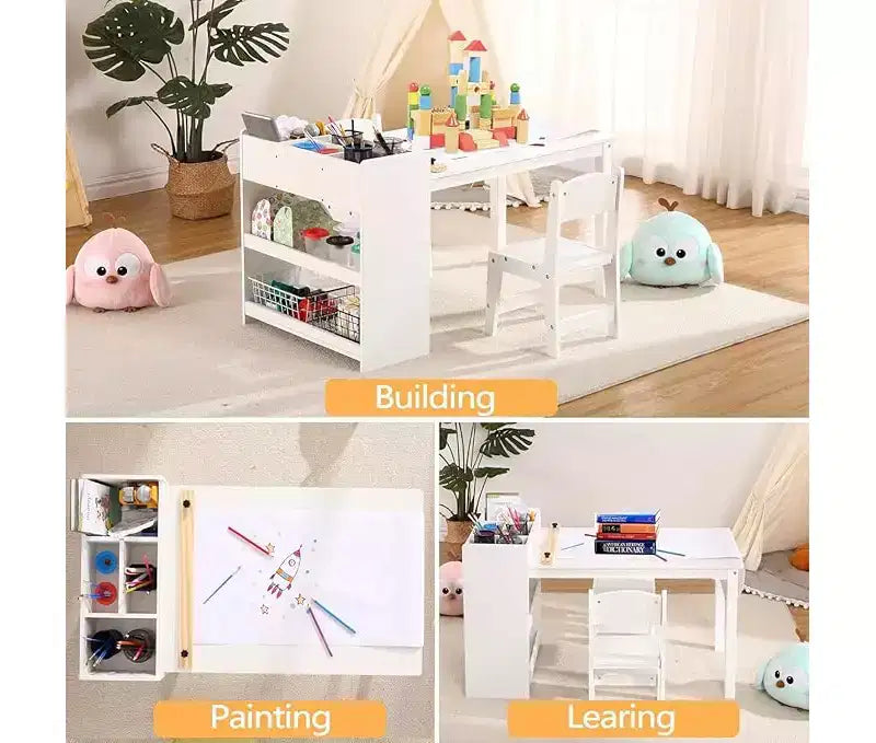 Ensemble bureau et chaise pour enfants, bureau d'art en bois avec rouleau de papier, pots de peinture et étagères de rangement, table d'activités créatives 2 en 1 pour dessiner, peindre et écrire