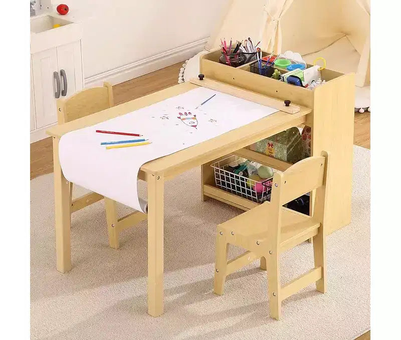 Ensemble bureau et chaise pour enfants, bureau d'art en bois avec rouleau de papier, pots de peinture et étagères de rangement, table d'activités créatives 2 en 1 pour dessiner, peindre et écrire