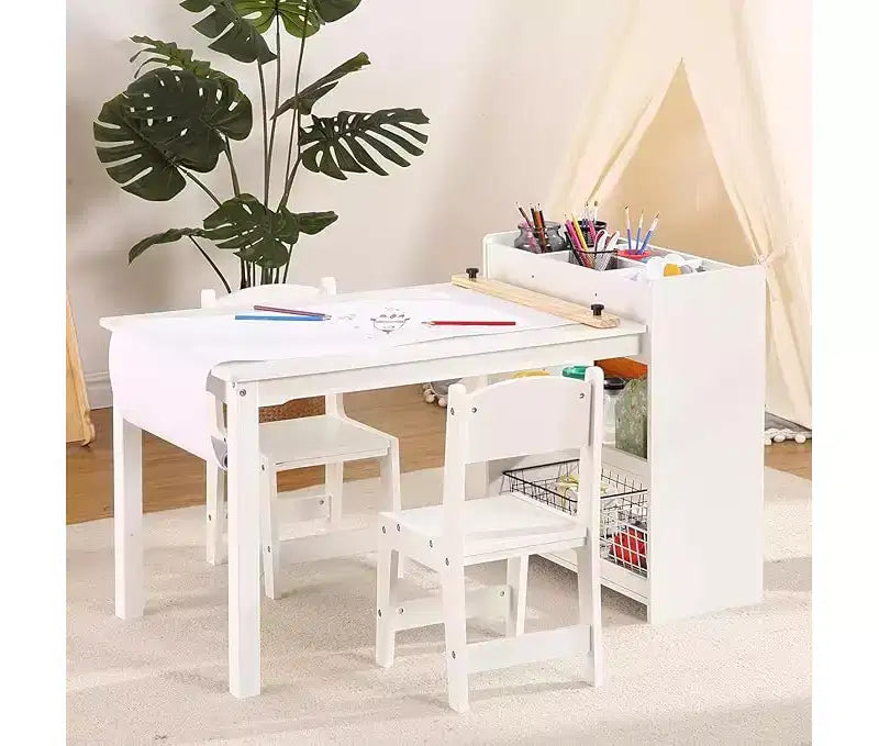 Kids desk and Chair Set, Wooden Art Desk with Paper Roller, Paint Cups & Storage Shelves, 2 in 1 Craft Activity Table for Drawing Painting Writing