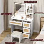 COZONY Coiffeuse en rotin avec miroir et lumière LED réglable, grande coiffeuse de rangement avec 4 tiroirs et étagères ouvertes à 2 niveaux pour chambre à coucher, blanc