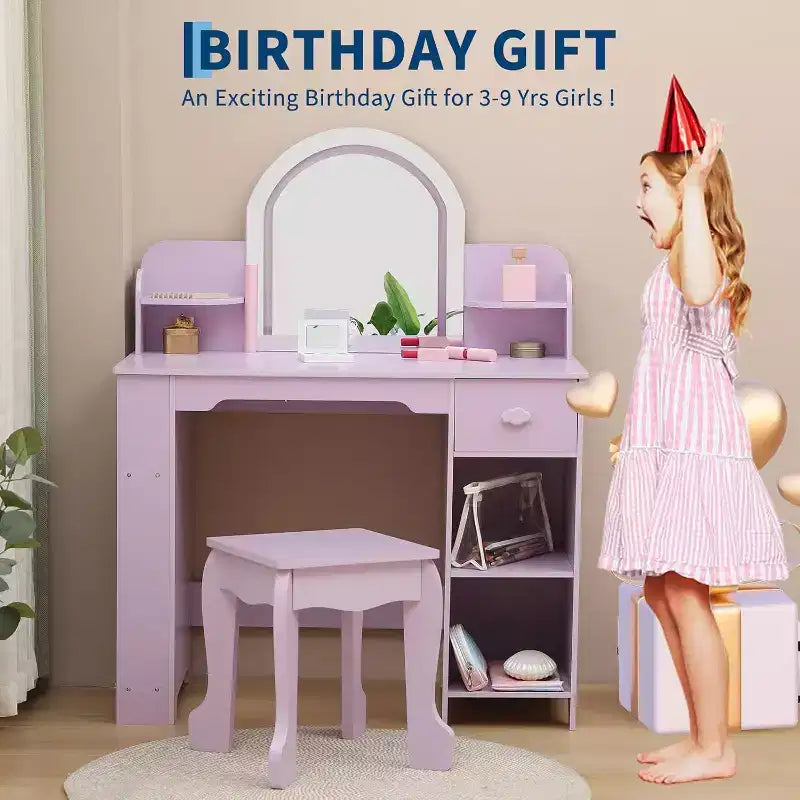Coiffeuse et Tabouret pour Enfants 2 en 1 GustoWave avec Miroir, Étagère et Ensemble de Maquillage