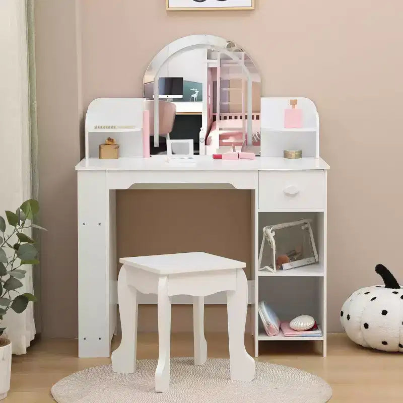 Coiffeuse et Tabouret pour Enfants 2 en 1 GustoWave avec Miroir, Étagère et Ensemble de Maquillage