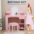 Coiffeuse et Tabouret pour Enfants 2 en 1 GustoWave avec Miroir, Étagère et Ensemble de Maquillage