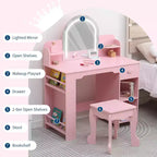 Coiffeuse et Tabouret pour Enfants 2 en 1 GustoWave avec Miroir, Étagère et Ensemble de Maquillage
