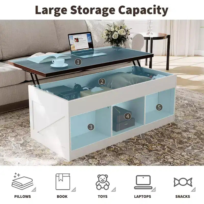 Table basse COZONY pour salon avec plateau relevable et rangement, design industriel carré avec décor en X, durable et élégante, blanche