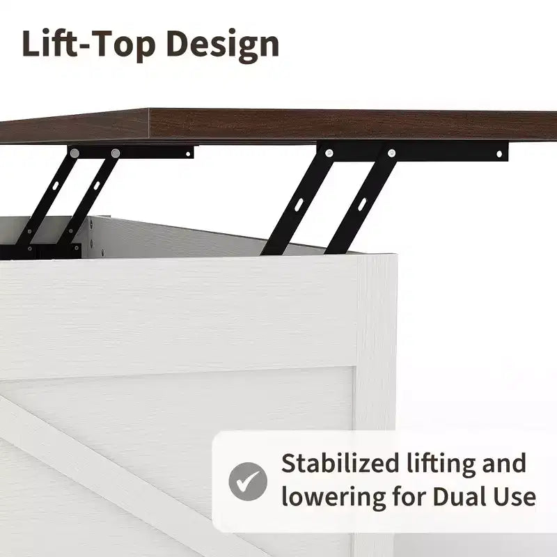 Table basse COZONY pour salon avec plateau relevable et rangement, design industriel carré avec décor en X, durable et élégante, blanche