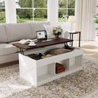 Table basse COZONY pour salon avec plateau relevable et rangement, design industriel carré avec décor en X, durable et élégante, blanche